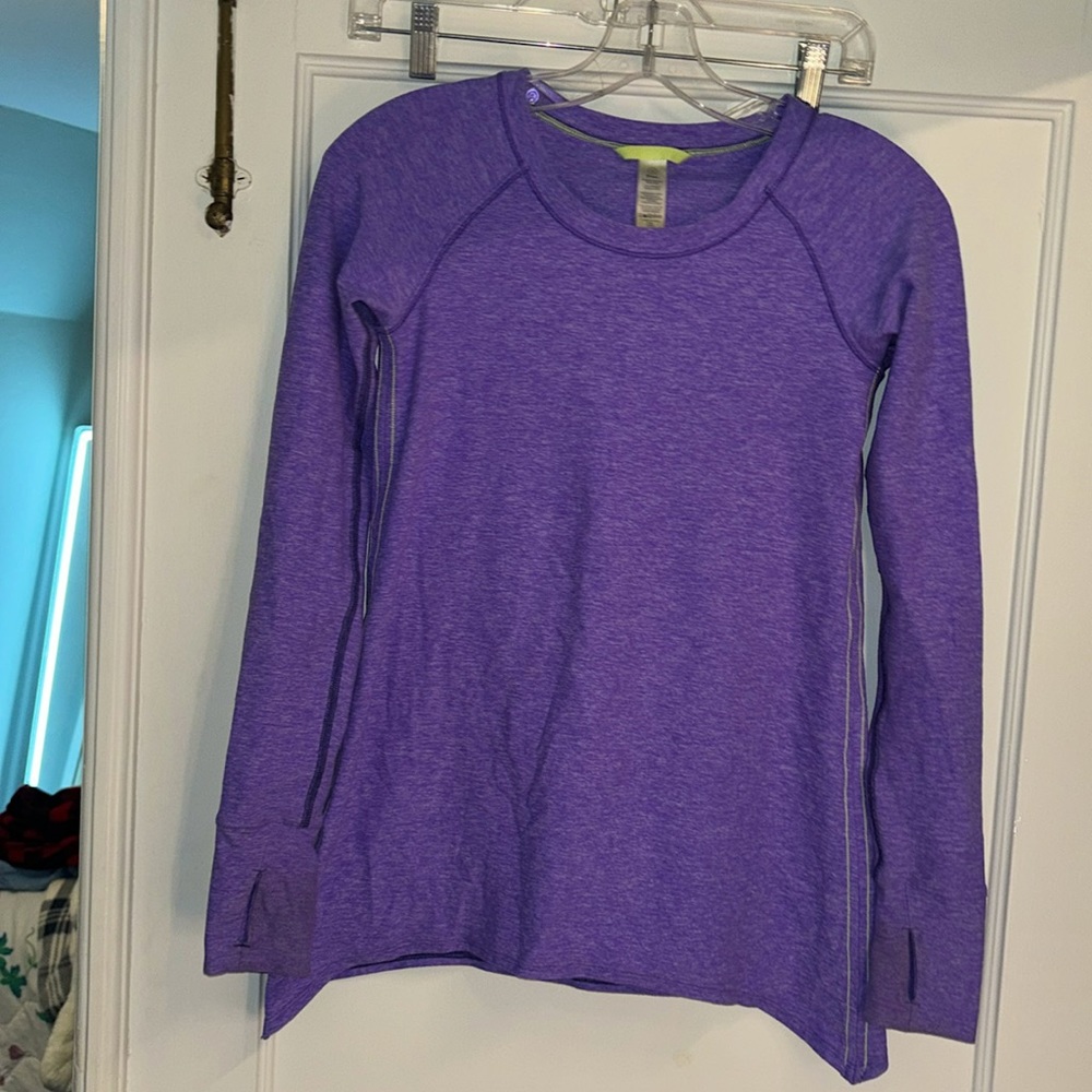 Ivivva, purple flared bottom shirt, long sleeve, hand covers with thumb hole